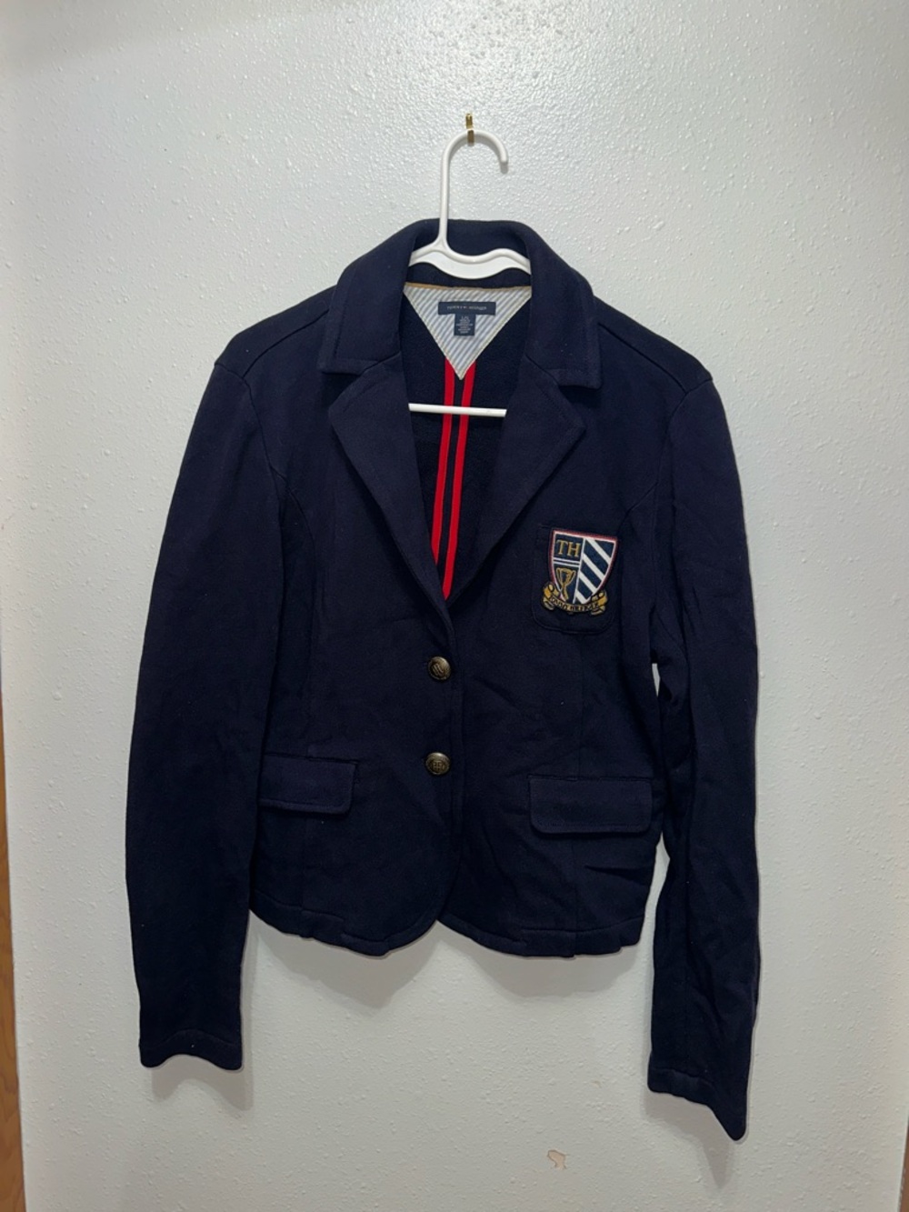 Tommy Hilfiger Navy Blazer with Crest and Red Stripe Detail